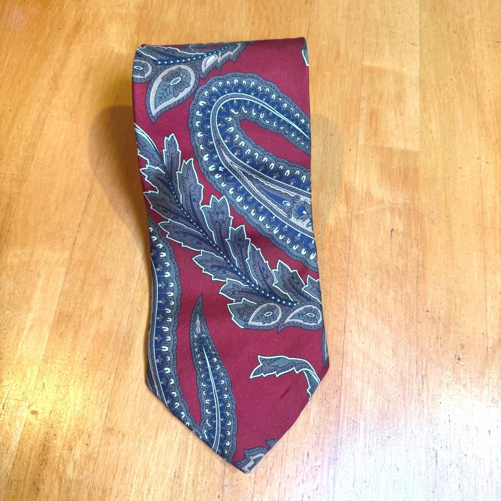 7th Ave Mens Silk Paisley Tie Burgundy Blue Green‎ Leaf Pattern Made in USA